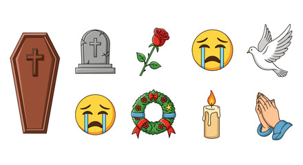 Funeral Icon Set Vector Cartoon Illustration with a White Background, Ordered Set of Mourning Symbols Including Coffin, Tombstone, Rose, Crying Emoji, Dove, Wreath, Candle, and Praying Hands