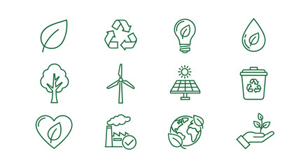 Eco-friendly green line icon set representing ecology and nature, including a leaf, recycling symbol, lightbulb, water drop, tree, wind turbine, solar panel, trash can, heart, factory, planet Earth