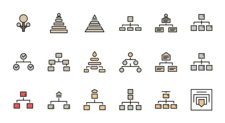 Vivid collection of hierarchy icons for UI, placards, books, and apps, featuring editable strokes and a cartoon illustration style suitable for web, books, cards, and apps, presented on a white