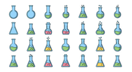 Collection of minimalistic linear web icons featuring light blue lab flasks filled with colorful liquids, including round-bottom flasks, Erlenmeyer flasks, and beakers, with bubbles indicating