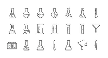 Collection of thin line icons representing laboratory glassware and equipment, including flasks, beakers, test tubes, funnels, and thermometers, suitable for scientific and educational contexts