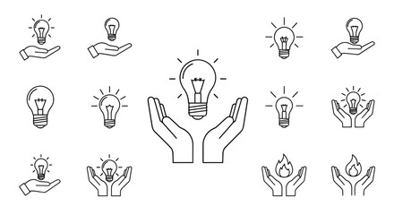Collection of minimalistic thin line icons depicting light bulbs held over open hands, symbolizing ideas, innovation, and creativity, suitable for web and graphic design, apps, banners, social