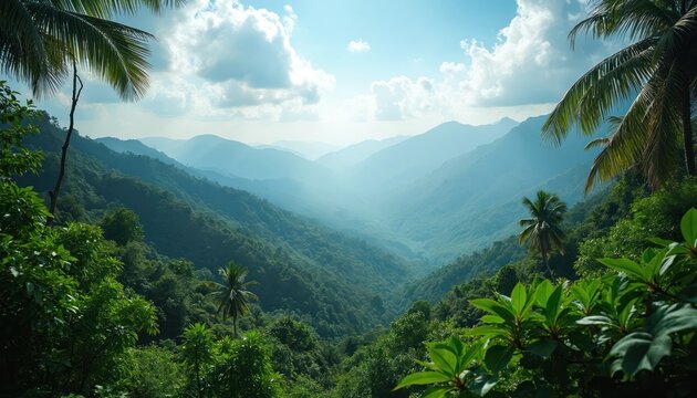 Lush green mountains and dense jungle valleys under a bright blue sky with white clouds. Palm trees frame the scene, offering a beautiful natural landscape.