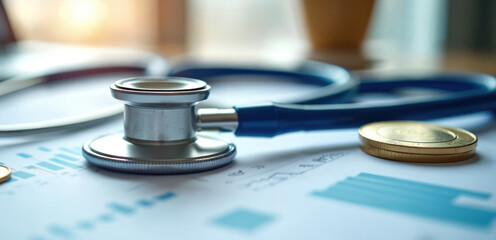 Stethoscope and coins rest on financial charts, symbolizing healthcare costs and economic analysis. Graphs show health spending trends, financial review metrics, and budget planning.