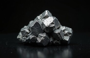 Macro photo of galena stone mineral. Grey metallic crystal rock object is isolated against dark black background. Raw mineral specimen displays geological texture with reflective light.