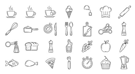 A comprehensive collection of food, cooking, and kitchen-related line icons, featuring editable strokes perfect for web design, app development, and graphic cards. This set includes linear