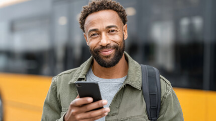 Young man with backpack smiling while using smartphone in urban setting