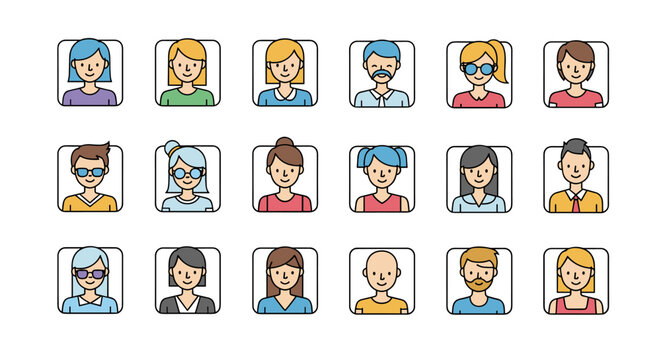 Set of 15 diverse minimalistic linear pictograms representing user avatars for web and graphic design, apps, banners, social networks, and cards. This vector cartoon illustration features a variety