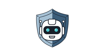 Cute cartoon robot face inside a protective shield, symbolizing security, safety, and advanced technology in digital protection, cybersecurity, and insurance services. This vector illustration is