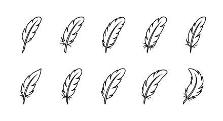 Set of ten thin feather icons with editable stroke, suitable for web sites, books, cards, and apps. Vector cartoon illustration with a white background, representing lightness, freedom, and nature.
