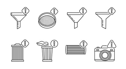 Set of modern outline style icons featuring a funnel, sieve, trash can, filter, and camera, each accompanied by an exclamation mark warning symbol, presented on a clean white background, ideal for