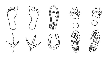 Collection of thin line footprint icons, including human feet, dog paws, bird claws, boot prints, and a horseshoe, presented as outline signs for graphic and web design, apps, adverts, and various