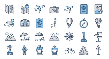 Vivid line icon set for travel, featuring maps, airplanes, luggage, passports, cameras, hot air balloons, compasses, mountains, beaches, lighthouses, ships' wheels, trains, bicycles, and warning