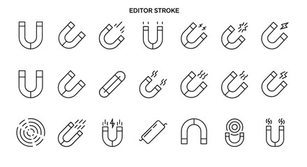 Collection of minimalistic linear magnet icons with editable stroke, featuring horseshoe magnets, bar magnets, and magnetic field representations, perfect for science, technology, and educational