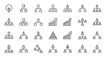 Collection of thin line icons representing organizational structures, hierarchy charts, and growth graphs, suitable for web, apps, and print. Editable stroke vector illustrations on a white