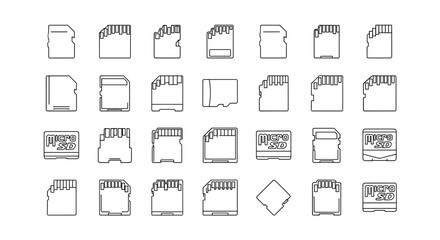 Collection of MicroSD memory card outline icons, presented in a simple linear style with editable strokes, suitable for web sites, books, cards, and apps, featuring a vector cartoon illustration of