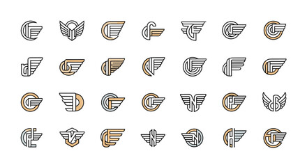 Collection of 30 unique wing monogram logos, featuring letters like C, D, F, G, N, and B, presented as clean, modern line art with a touch of color, perfect for branding and design projects on a