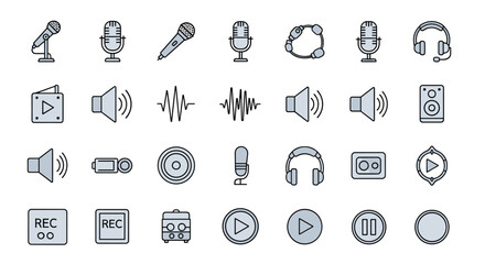 A comprehensive collection of audio and music-related line icons, featuring microphones, headphones, speakers, sound waves, play buttons, and recording symbols, perfect for graphic design, web