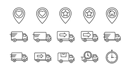 Collection of outline icons representing map pins with various symbols like hearts, stars, and houses, alongside different types of delivery trucks, including those with speed lines, arrows, and