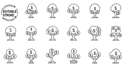 Collection of Money Tree Outline Icons with Dollar Signs, Perfect for Infographics, Articles, Books, Flyers, and Banners, Editable Stroke Vector Cartoon Illustrations
