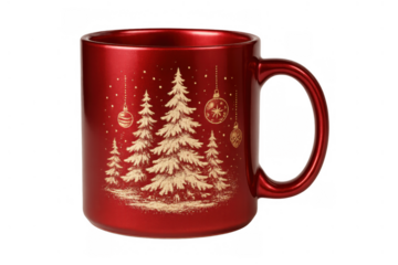 Red christmas mug showcasing winter forest, pine trees, and festive ornaments, celebrating holiday season, transparent background