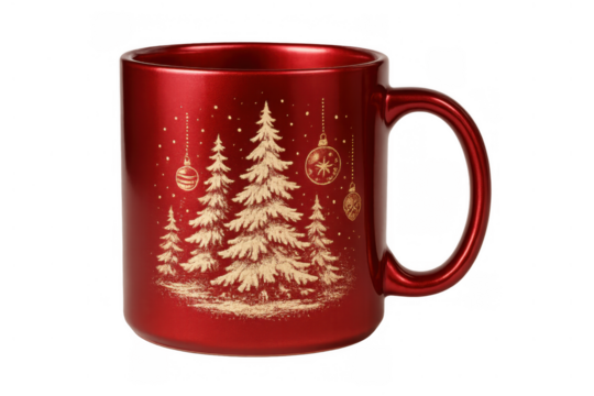 Red christmas mug showcasing winter forest, pine trees, and festive ornaments, celebrating holiday season, transparent background - Powered by Adobe