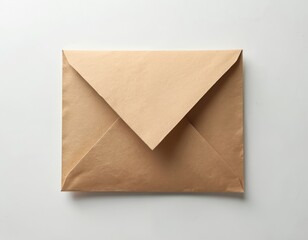 Brown craft paper envelope with sealed flap rests on clean white background. Empty blank mail item ready for secret message, important personal letter, special greeting card. Represents daily postal