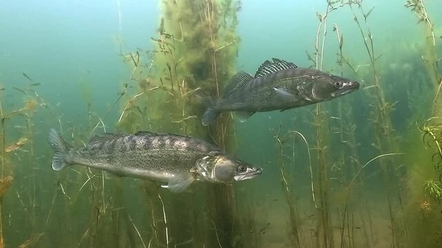 Two walleye, also known as zander or pike perch (Sander lucioperca), remain motionless side by side in a crystal clear lake, mid-water above the sandy bottom.