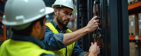 Two men wearing safety helmets and vests examine forklift controls inside a warehouse. One worker adjusts levers while the other observes. They collaborate on machinery operation.
