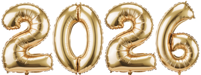 2026 Happy New Year celebration. Helium balloon. Golden Yellow foil color. Numbers Two 2, six 6, Zero 0. Good for Party, greeting card, Advertising, Anniversary. Christmas 2026. Isolated background