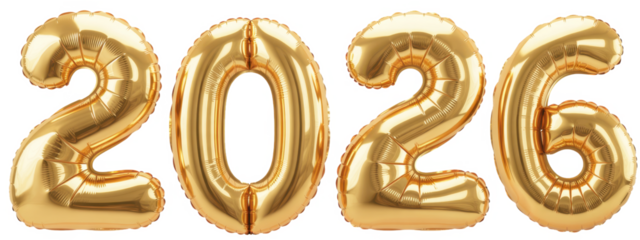 2026 Happy New Year celebration. Helium balloon. Golden Yellow foil color. Numbers Two 2, six 6, Zero 0. Good for Party, greeting card, Advertising, Anniversary. Christmas 2026. Isolated background