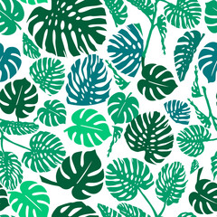 Abstract minimal monstera leaves plant in one line drawing and watercolor silhouettes background. Modern vector illustration in continuous line art style. Botanical seamless pattern for summer design