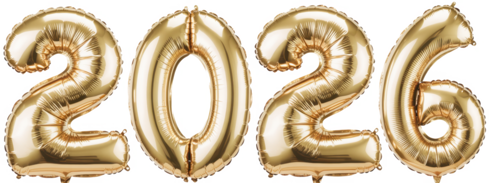 2026 Happy New Year celebration. Helium balloon. Golden Yellow foil color. Numbers Two 2, six 6, Zero 0. Good for Party, greeting card, Advertising, Anniversary. Christmas 2026. Isolated background
