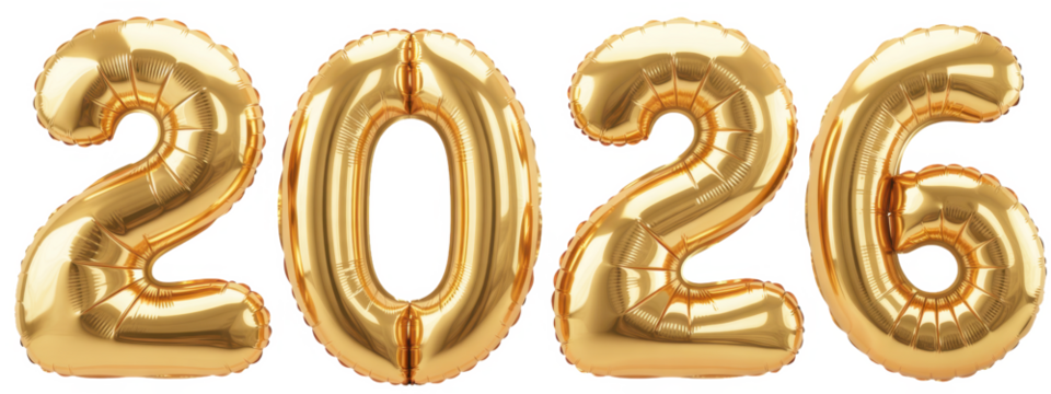 2026 Happy New Year celebration. Helium balloon. Golden Yellow foil color. Numbers Two 2, six 6, Zero 0. Good for Party, greeting card, Advertising, Anniversary. Christmas 2026. Isolated background