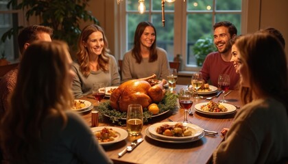 Friends enjoy Thanksgiving feast at home. People laugh around table with roast turkey, plates of food, and wine glasses. Cozy indoor gathering celebrates fall season together.