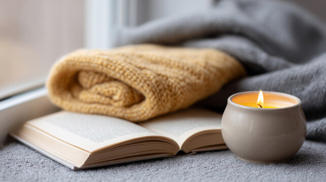 Cozy reading scene with open book, wool blanket, and candle for relaxation and warmth