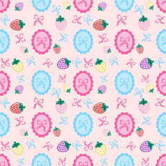 Seamless pattern of strawberries and ribbons in frame on pink background. Cute cartoon hand-drawn vector illustration. For textile printing, clothing, wallpaper, and wrapping paper.