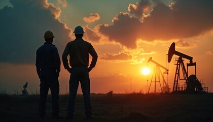 Two oil workers in hard hats stand in field looking at oil pumps during dramatic sunset. Silhouettes of rig machinery stand against bright orange sky. Workers oversee petroleum extraction operations