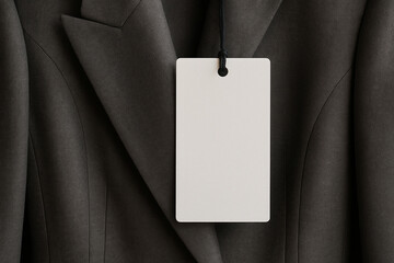 Elegant minimalist mockup of a blank rectangular clothing tag hanging on a brown wool coat. Ideal for branding, label design presentations, fashion identity showcases, or tailor business