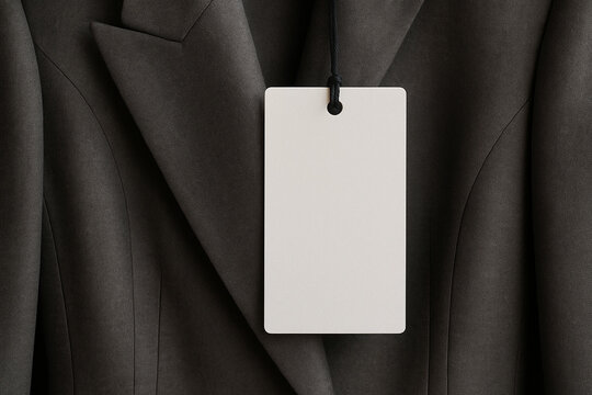 Elegant minimalist mockup of a blank rectangular clothing tag hanging on a brown wool coat. Ideal for branding, label design presentations, fashion identity showcases, or tailor business