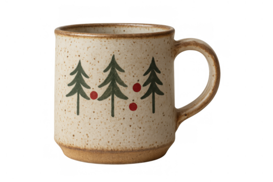Speckled ceramic mug with rustic christmas tree pattern, perfect for holiday season hot beverages