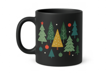 Black mug featuring festive christmas trees and holiday ornaments design, celebrating winter season and yuletide cheer