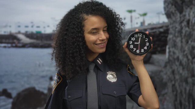Woman in police uniform smiles holding clock by seaside, showcasing time and law enforcement in a beach setting with tropical vibes, emphasizing public service and punctuality.