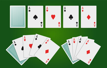 Playing cards. Aces of different suits on a green background. Vector clipart.