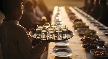 Young boy serving drinks on a tray at a long communal dinner table laden with food in warm light