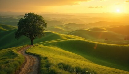 Obraz premium Green rolling hills landscape at sunrise with a lone tree beside a dirt path. Golden sun rays illuminate hazy distant mountains and verdant fields.