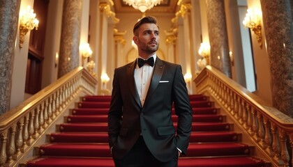 Elegant man poses on staircase wearing classic tuxedo. He is stylish and confident. Luxurious venue with red carpet and ornate architecture. Male model presents black formal wear at fashion event.