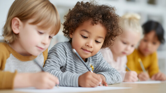 Creative children drawing together with gold ribbons for teamwork and education concept