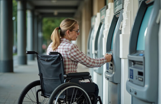 Woman in wheelchair attempts ATM transaction outdoors. She uses device for banking needs. Financial access and independence challenged by physical limitations. - Powered by Adobe