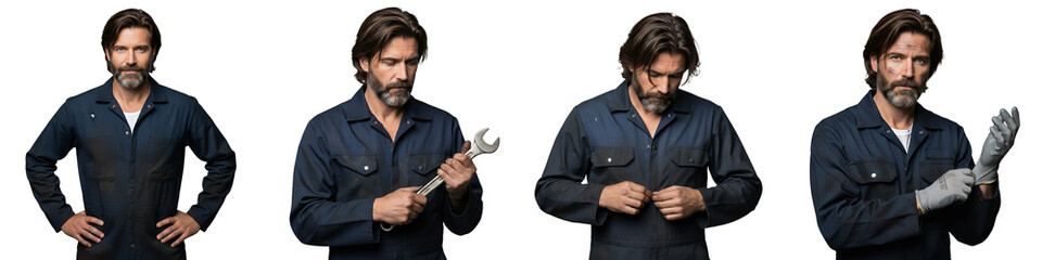 Confident 40-year-old male mechanics in dirty coveralls: posing, wrench in hand, fastening, and gloving up. Isolated on transparent background, perfect for automotive, trade school,